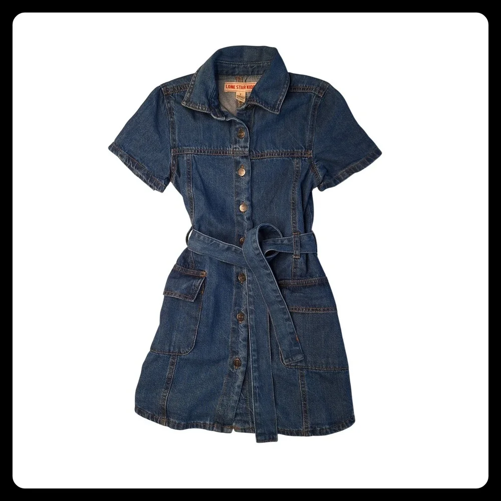 Lone Star Kids Girls Blue Denim‎ Button Down Belted Shirt Dress Size 7 Medium